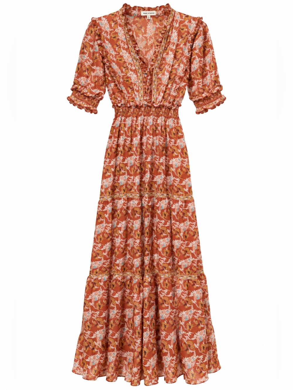 Max Studio Floral Boho Maxi Dress Size Medium Smocked Waist
